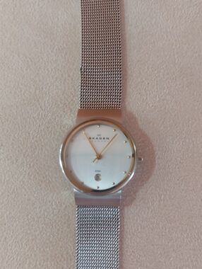 Skagen Silver Mesh Watch with White Dial and Gold Accents
